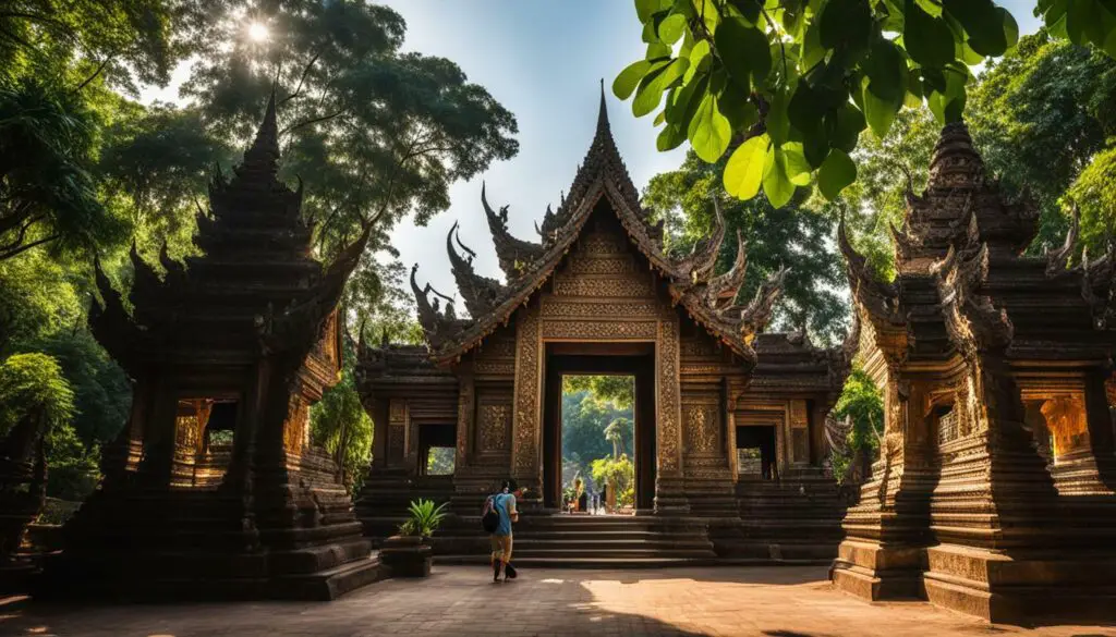 Tourist walking through a temple in Chiang Mai